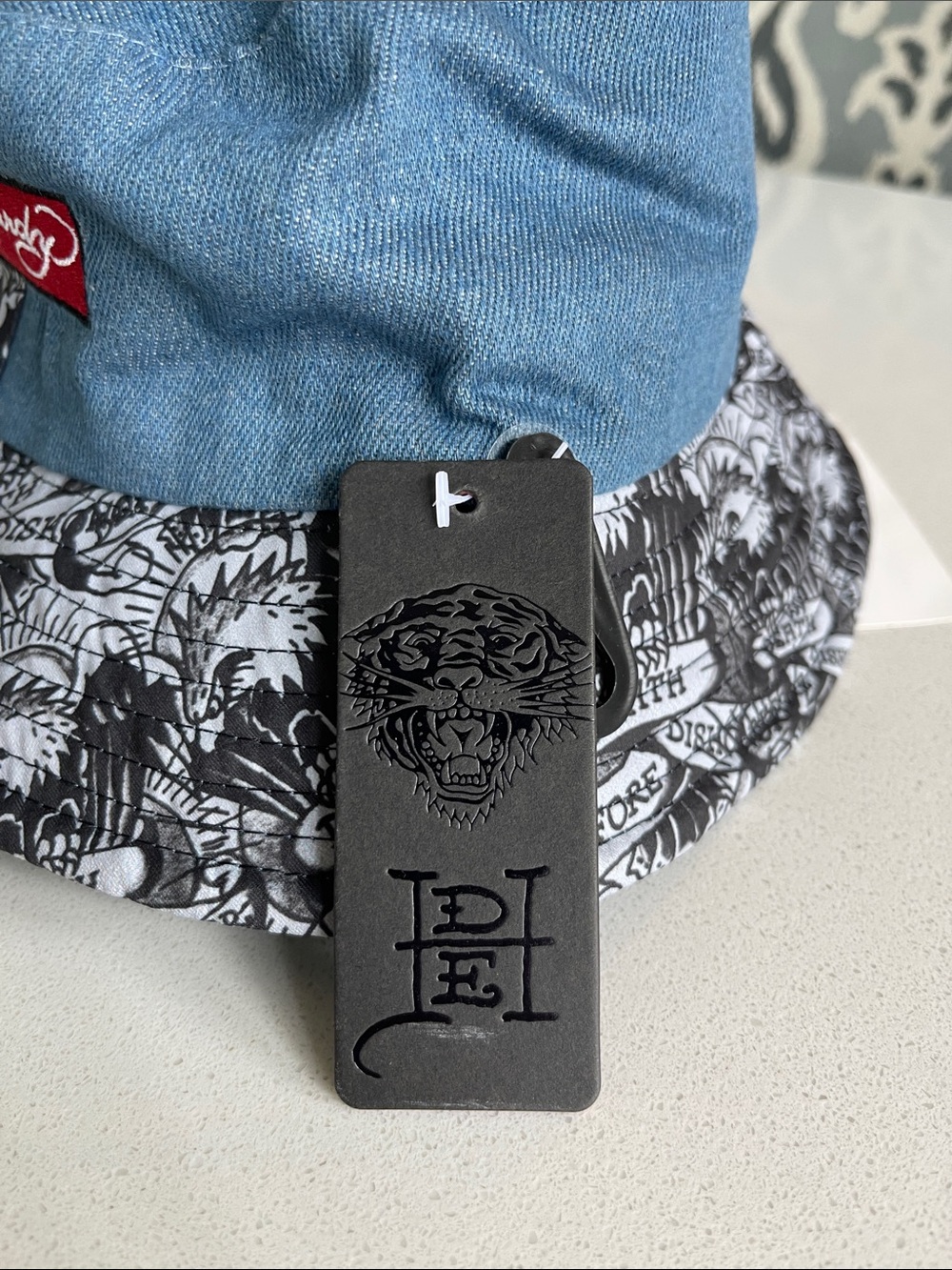 NWT Ed Hardy Two-Tone Blue and Black Graphic Patchwork Bucket Hat - Picture 3 of 4